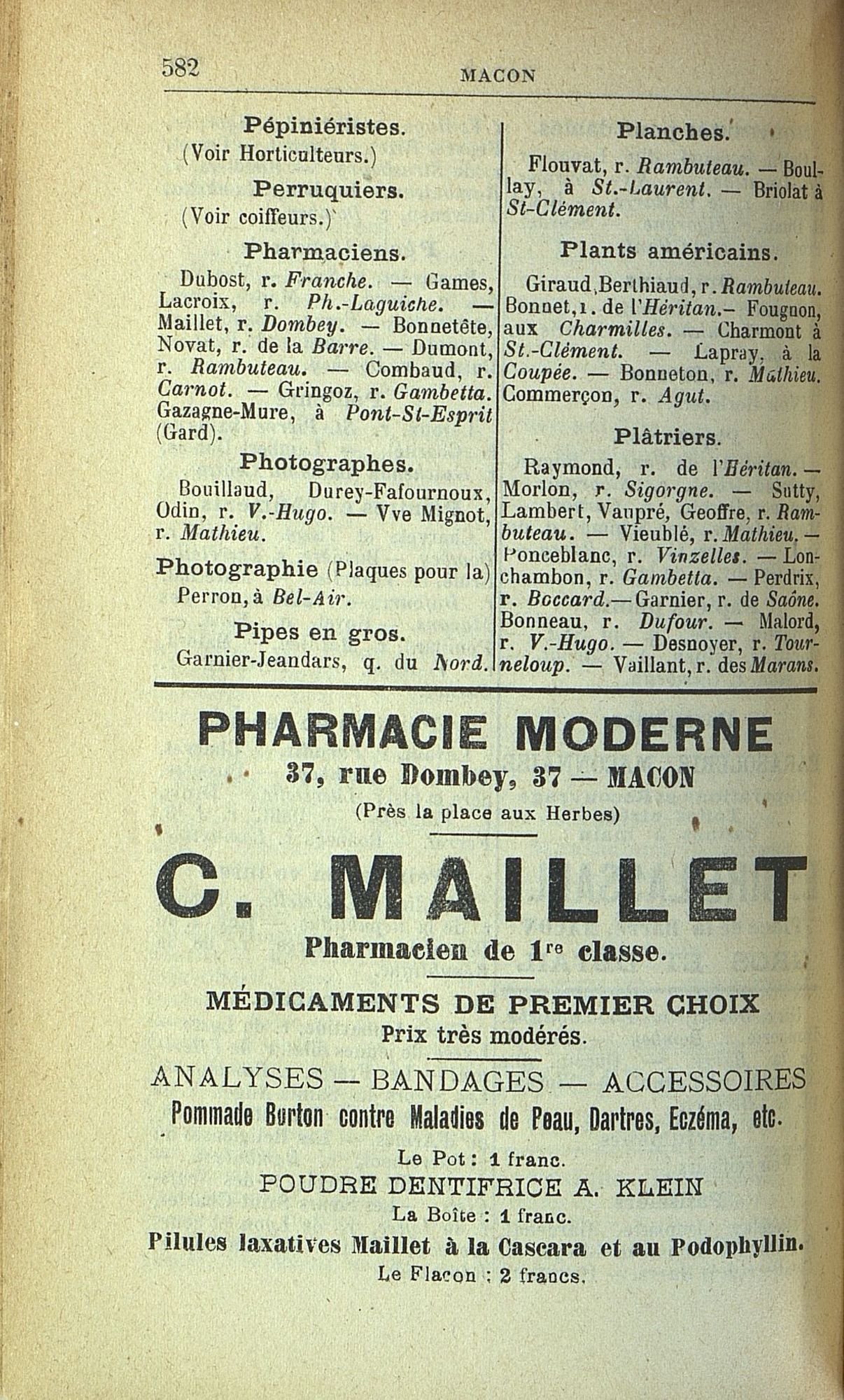 Publicité pour la Pharmacie moderne située à Mâcon (BH ASL, 1903)