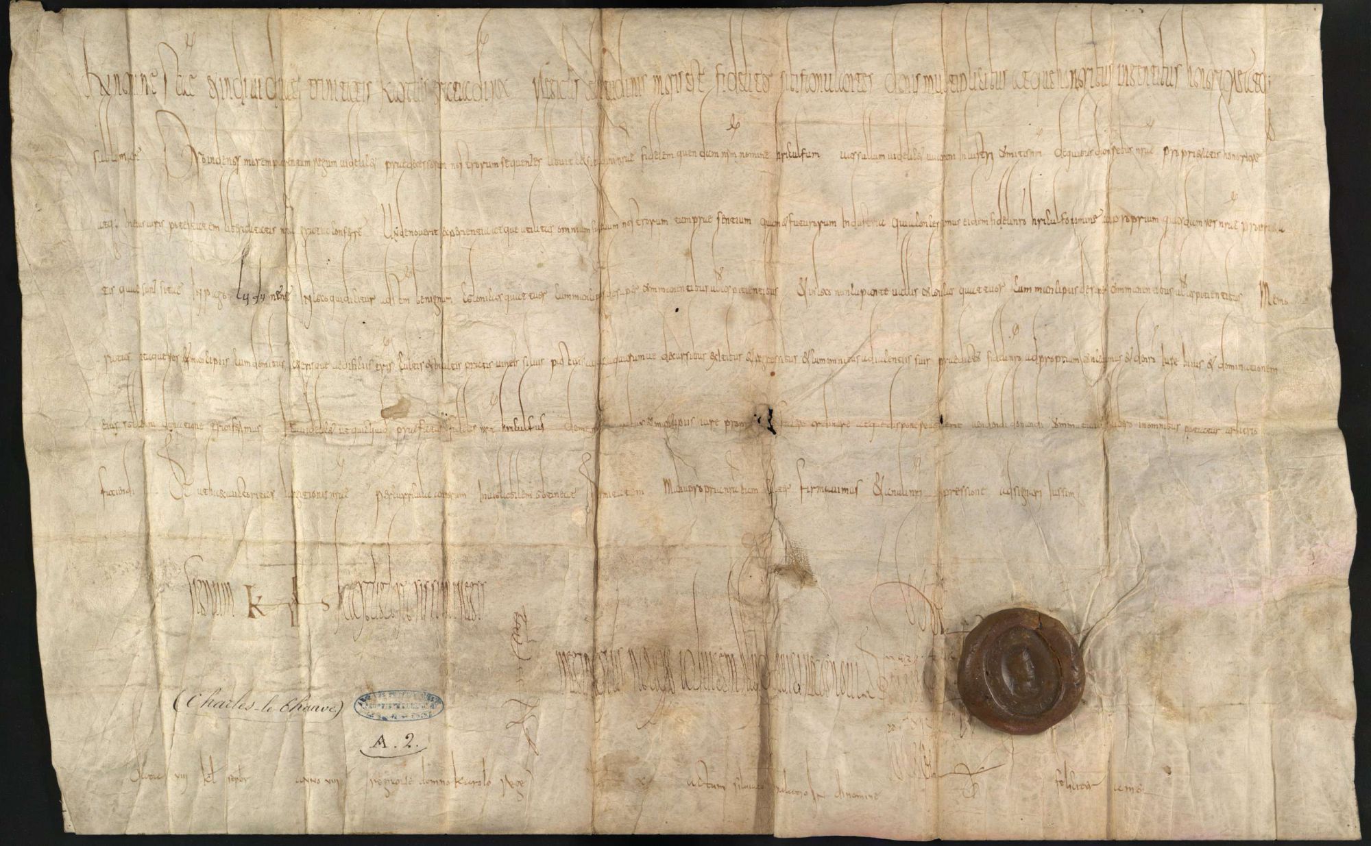 Charles le Chauve donne à Riculfe des terres situées à Pont-de-Vaux et Saint-Bénigne ( H 177/2, 847)