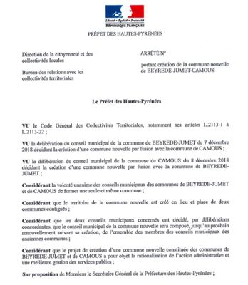 Arrêté préfectoral portant création de la commune Beyrède-Jumet-Camous, 28/12/2018.