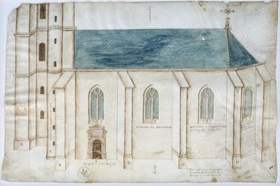 Élévation de la façade sud de l’église de Pouzac (1558) - ADHP, 370 E DEPOT 1