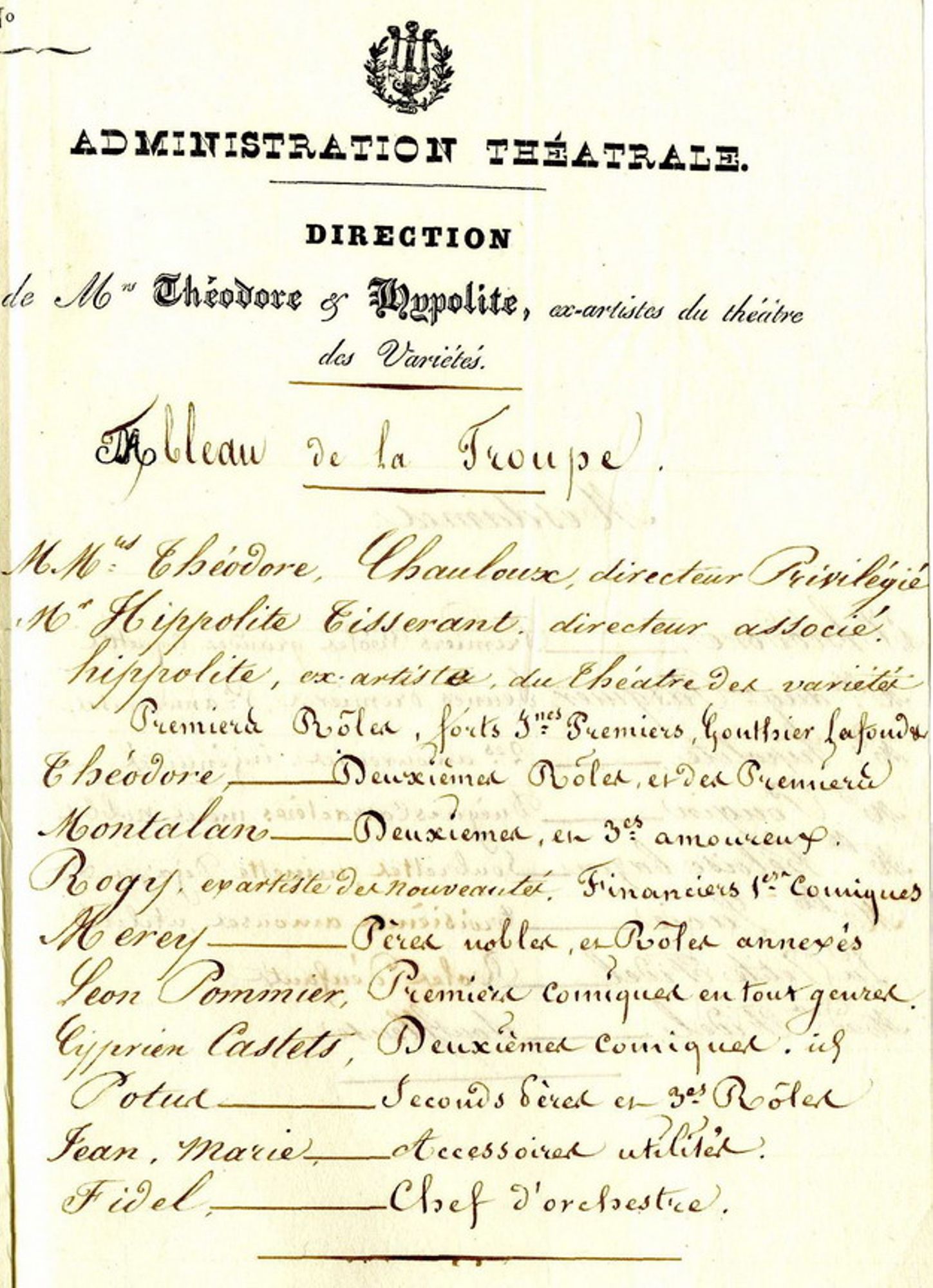 Extrait de la liste des membres de la troupe (1 T 295) 