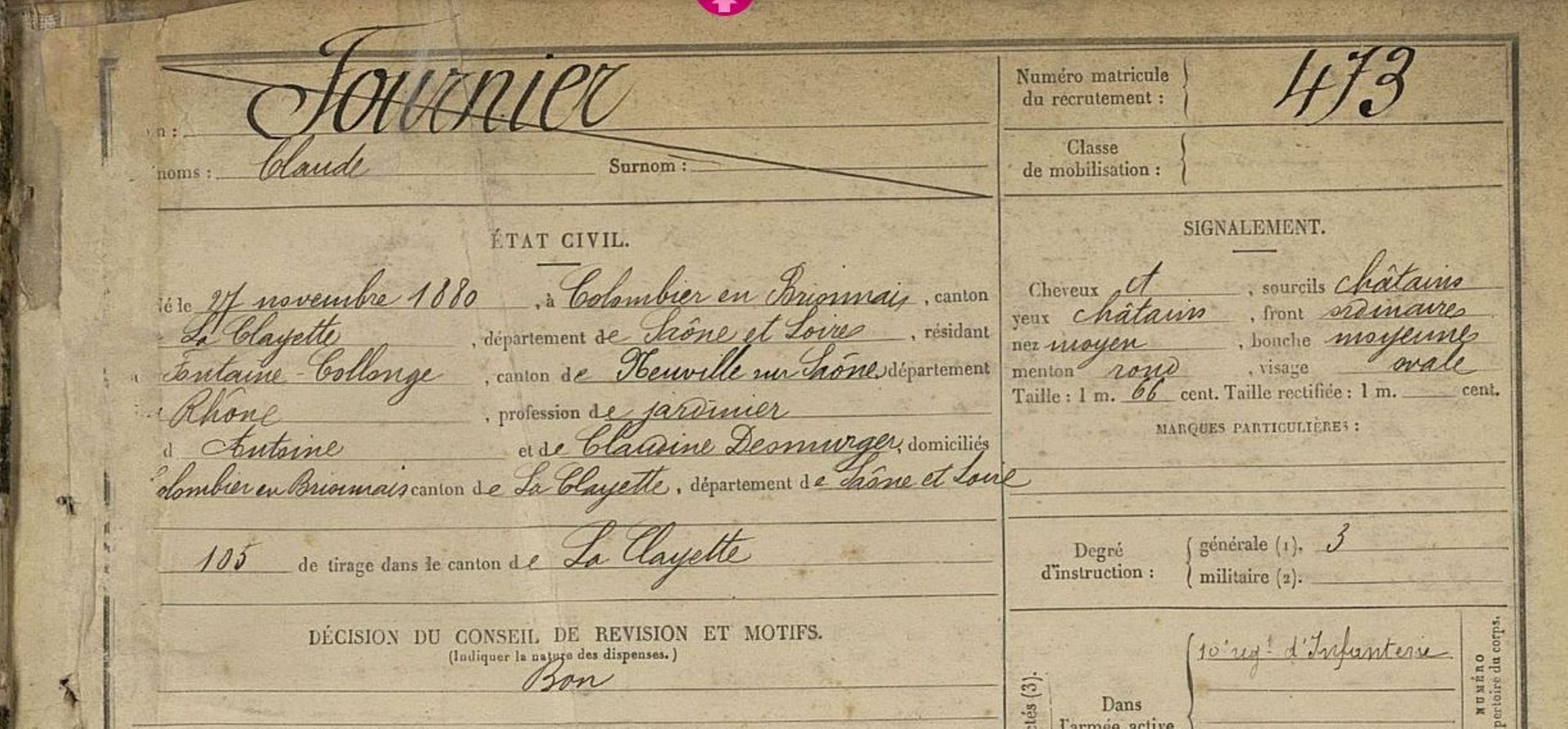 Fiche matricule de Claude Fournier de Colombier-en-Brionnais