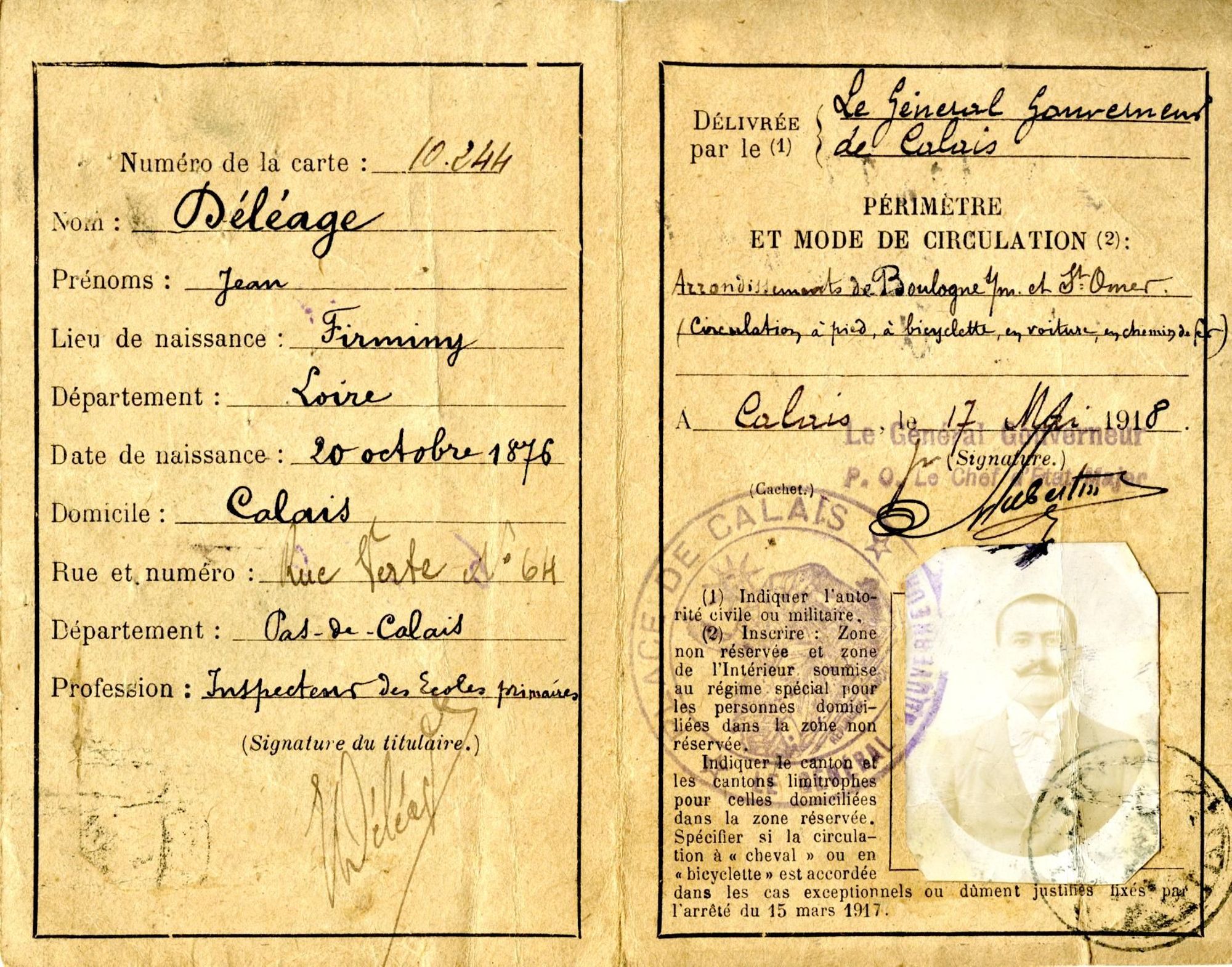 Carte de circulation d'inspecteur des écoles primaires de Jean Déléage, mai 1918.