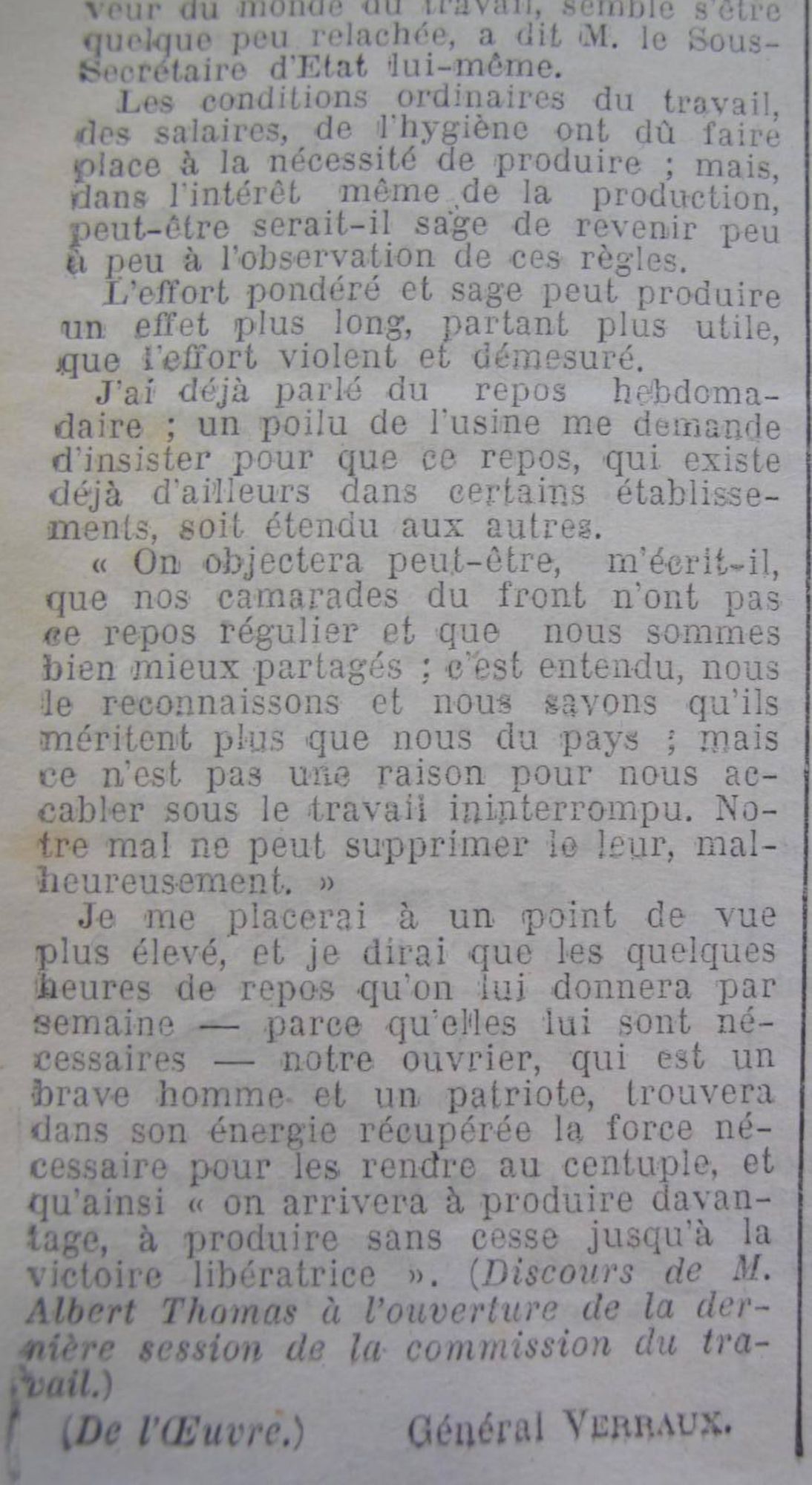 Général Verraux, "Le travail dans les usines de guerre"