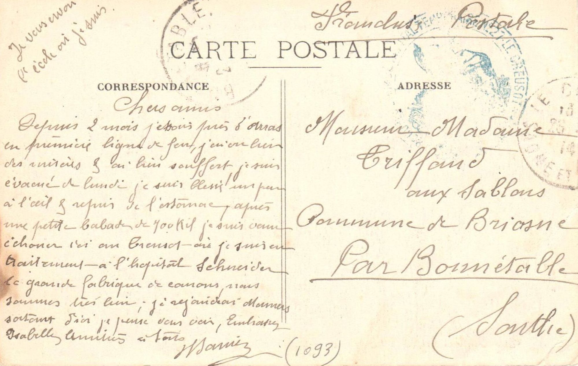 Correspondance envoyée depuis un hôpital du Creusot. Collection privée.