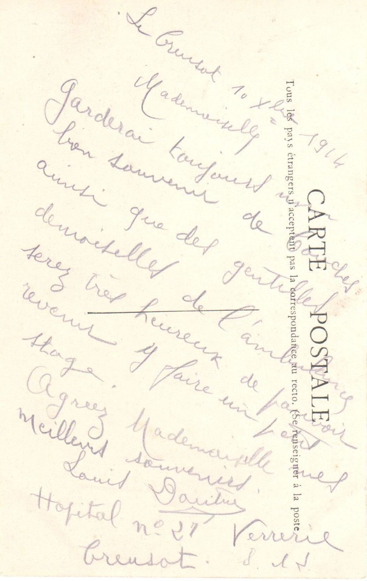 Correspondance envoyée depuis un hôpital du Creusot. Collection privée.	