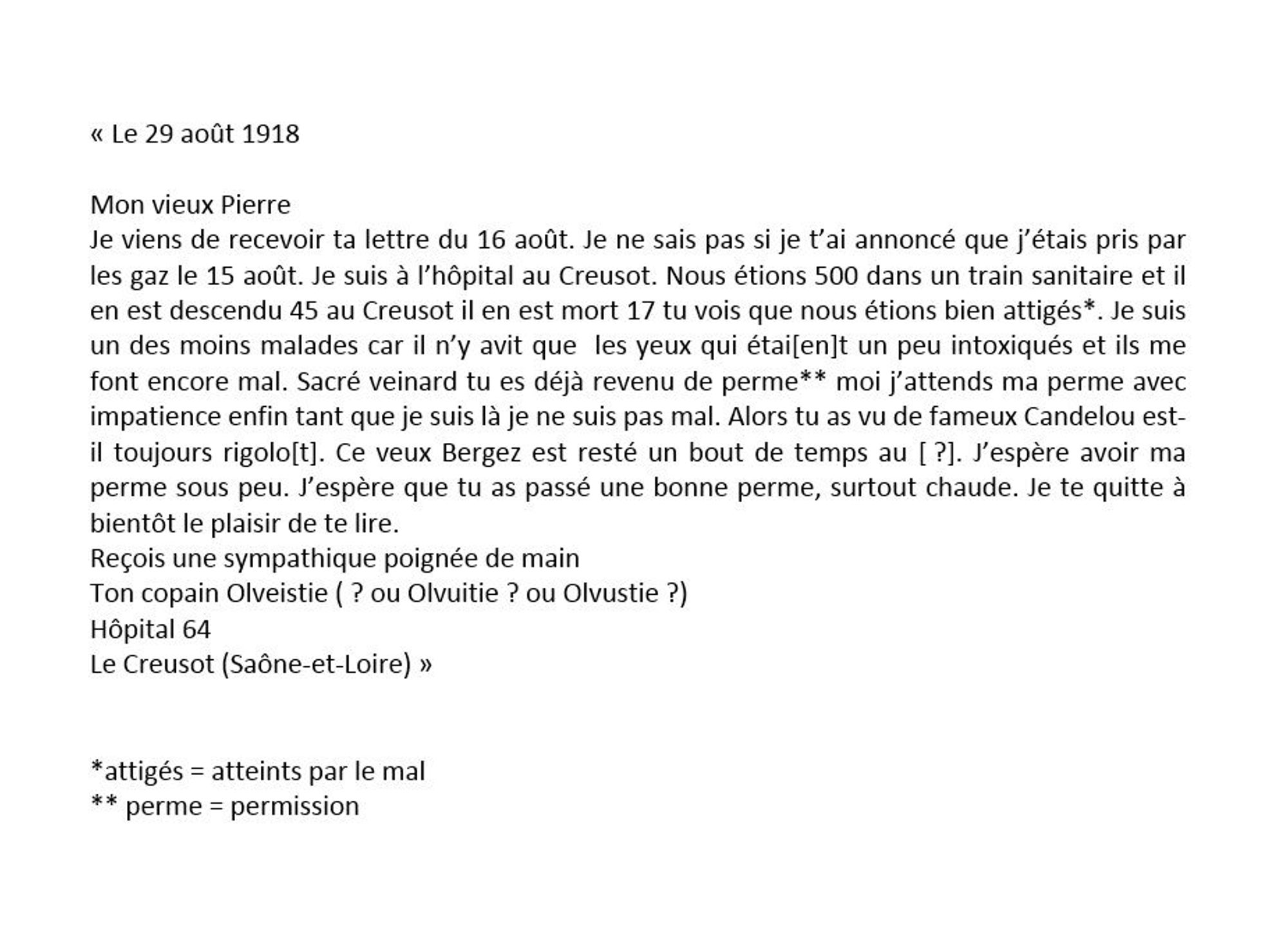 Correspondance envoyée depuis un hôpital du Creusot, transcription. Collection privée.