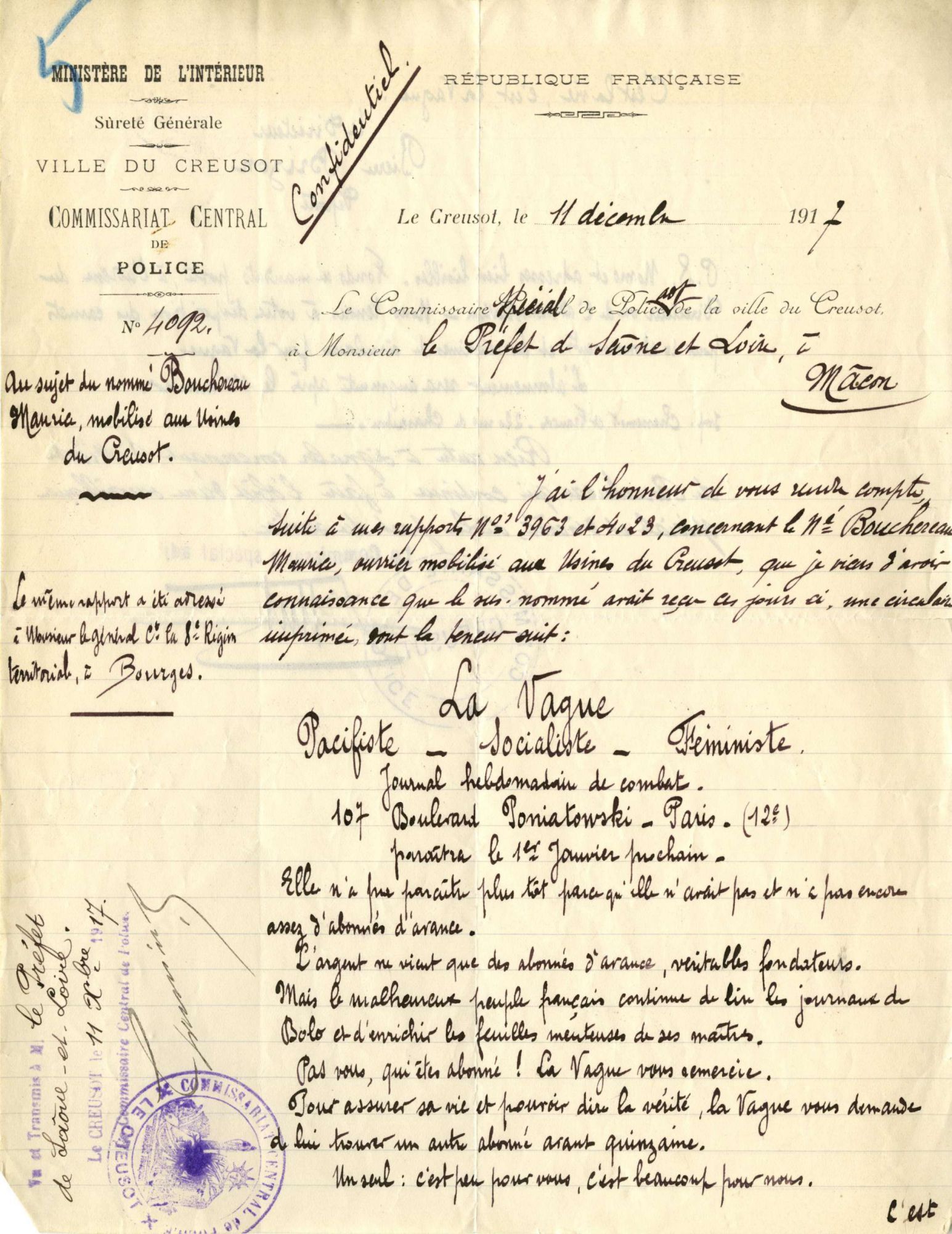 La Vague, 11 décembre 1917, AD71 M 3311