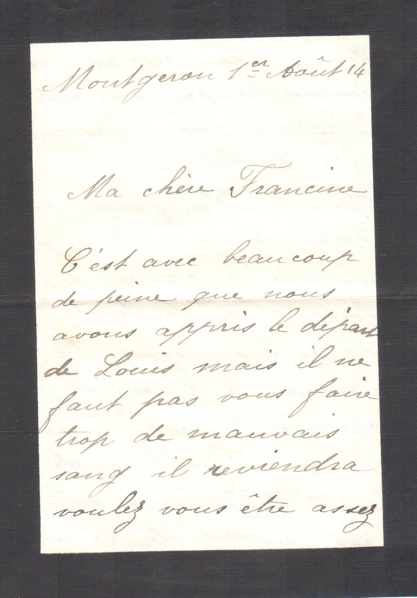 Lettre d'Octavie à Francine, 1er août 1914, page 2/3. Collection Rochette