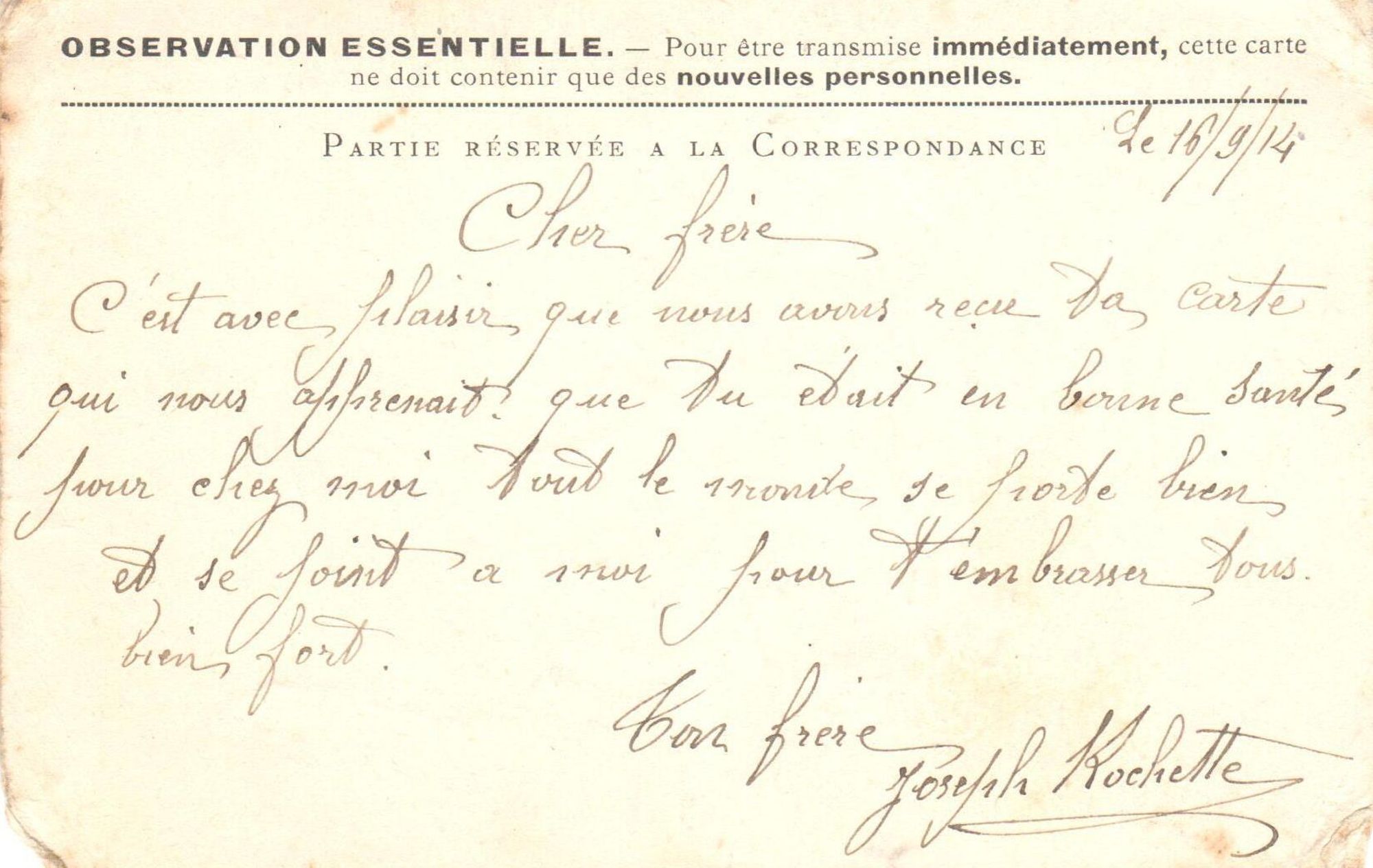Joseph Rochette à son frère Louis, 16 septembre 1914. Collection Rochette