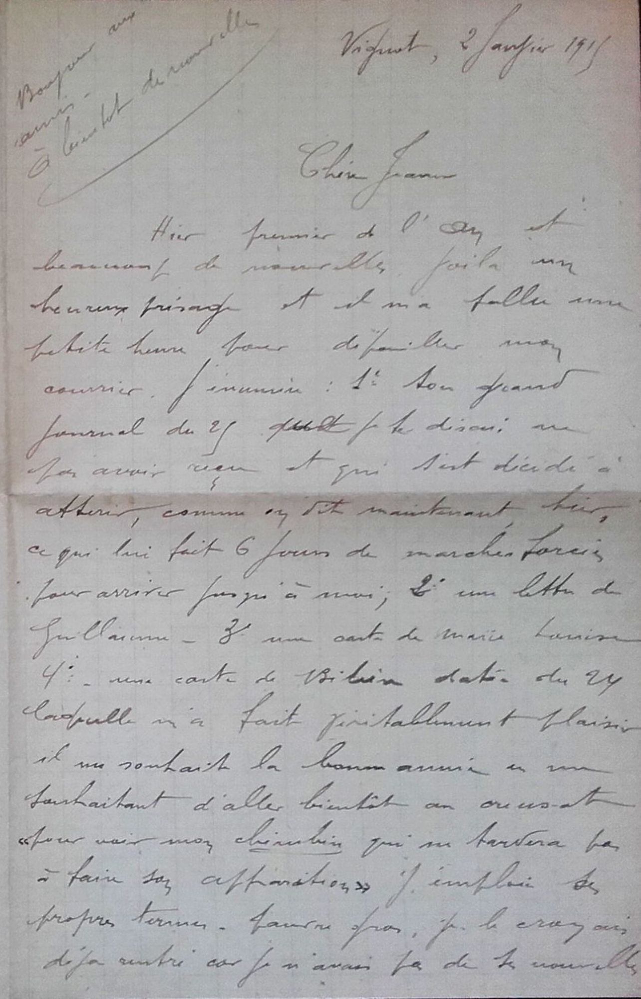 Lettre de Jean Jusot à son épouse Jeanne, 2 janvier 1915, page 1/4. CUCM, dépôt Famille Jusot