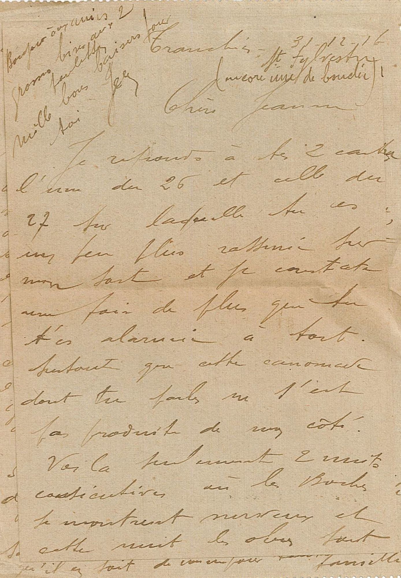 Lettre de Jean Jusot à son épouse Jeanne, 31 décembre 1916, page 1/2. CUCM, dépôt Famille Jusot