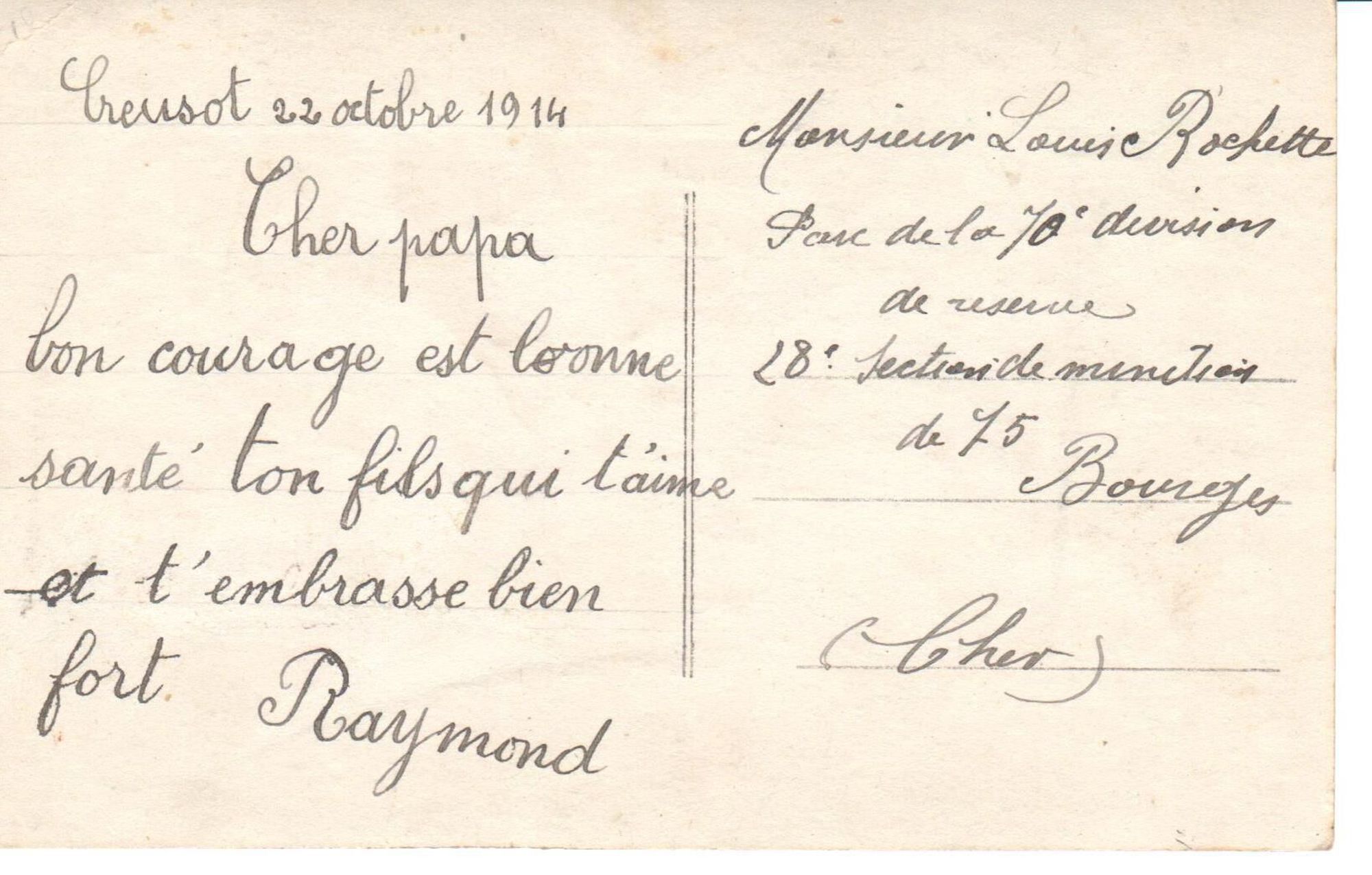 Raymond Rochette à son père, 22 octobre 1914. Collection Rochette